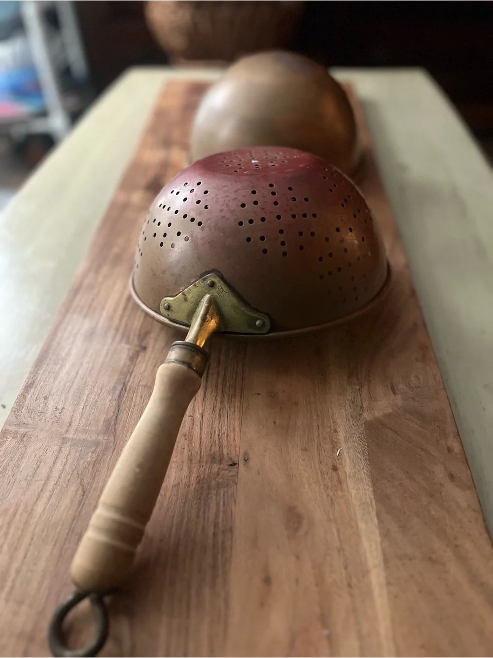 Vintage Copper-Tone Skimmer and Mixing Bowl Set with Wooden Handle